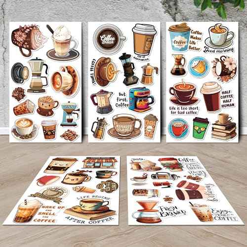 Coffee Stickers 50 Pieces Vinyl Waterproof Decal for Laptop Water Bottle Phone Car Window Bike Motorcycle Stakeboard Scrapbook Coffees Sticker Gifts for Kid Teen Adult