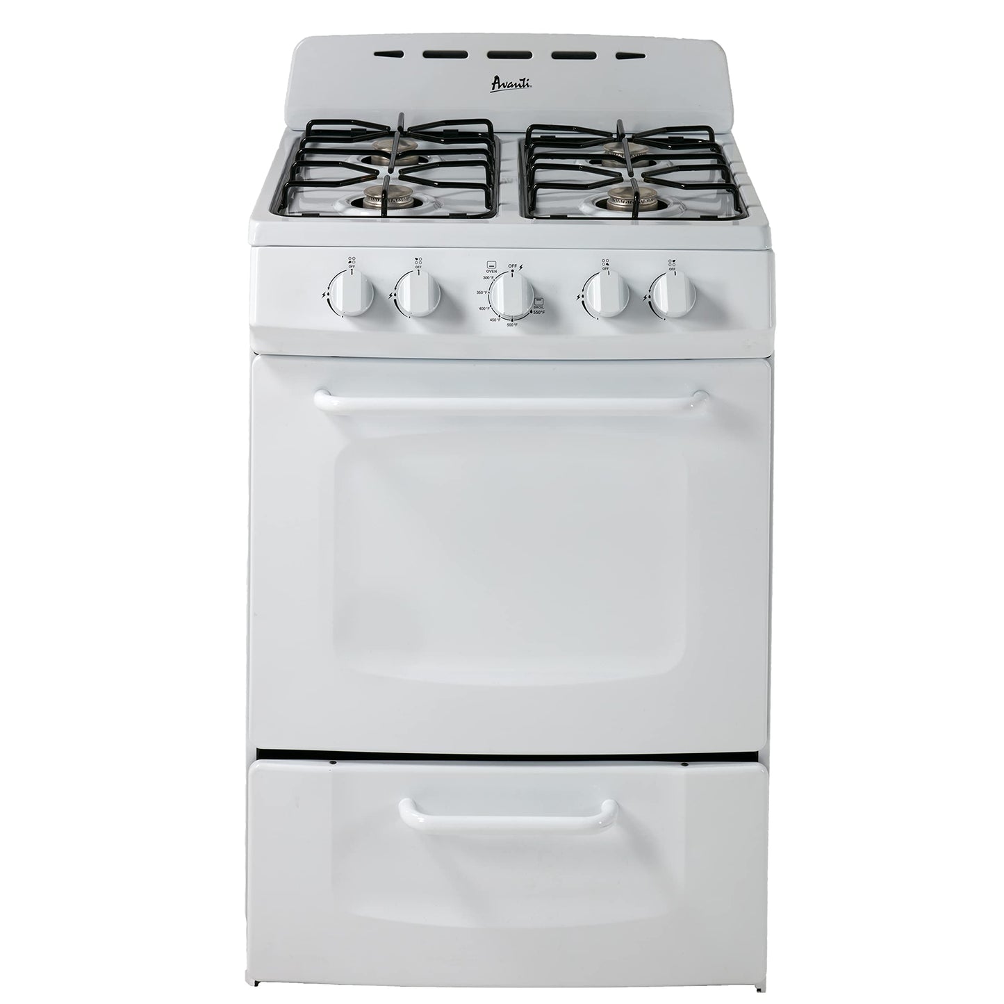Avanti Gas Range Oven, Compact Freestanding Design, 2.6-Cu.Ft. Capacity 4 Sealed Burners with Electronic Ignition, Includes Broiler Storage Drawer and Accessories, 24-Inch, White
