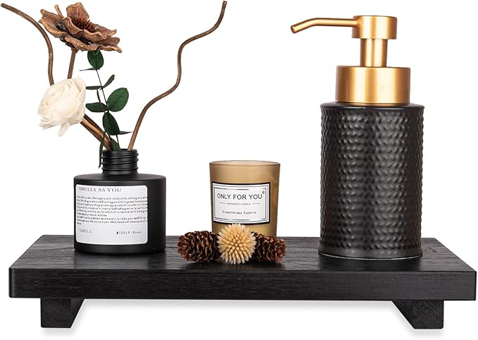 zoocatia Small Wood Tray Pedestal Stand Farmhouse Bathroom Decor Decorative Wooden Riser Kitchen Soap Dish Holder for Vanity, Counter, Sink, Large 11.8" x 7" - Black