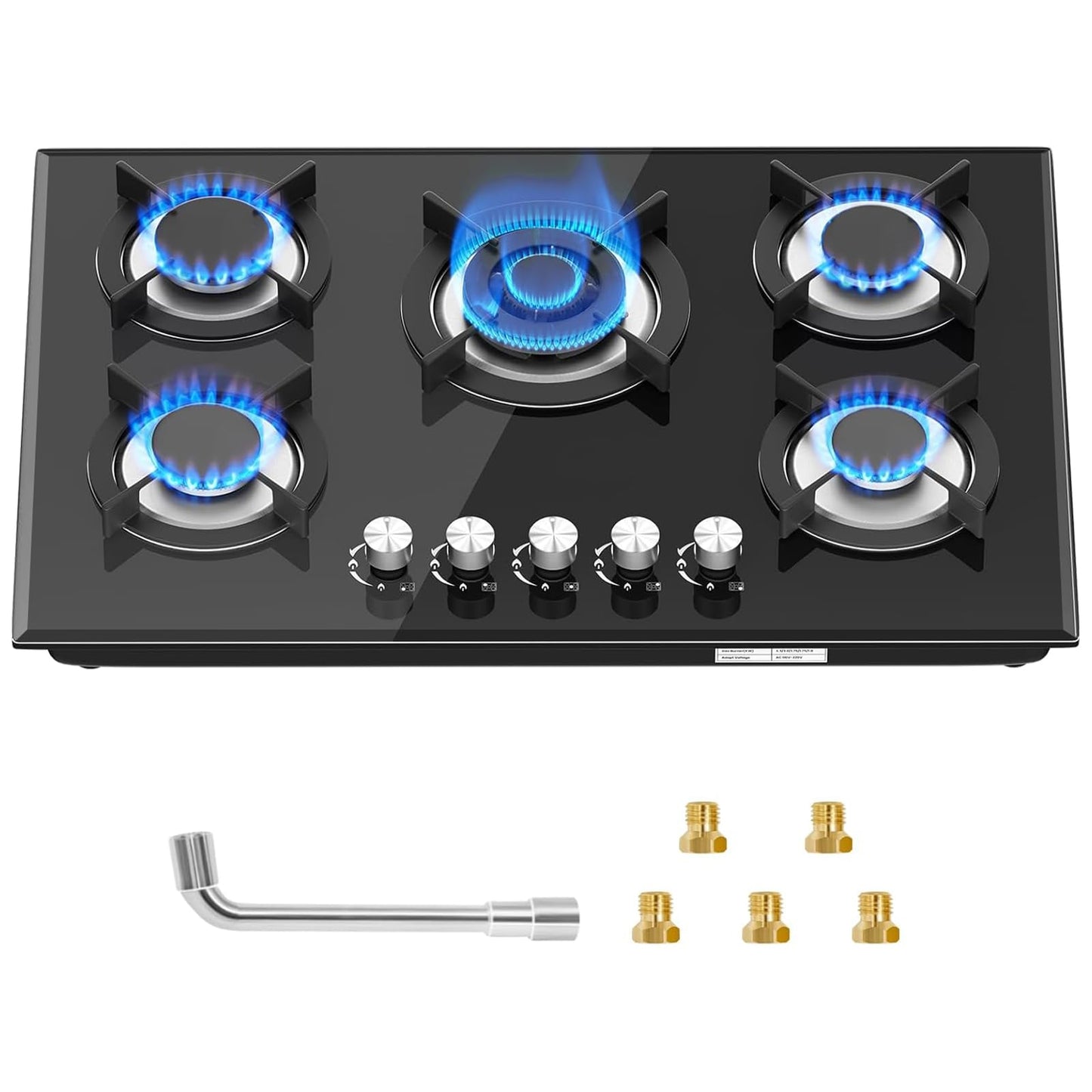 Borrallio Built-in Gas Cooktop 5 Burner 30 inch, Dual Fuel Tempered Glass Gas Stovetop Propane/Natural Gas Convertible,Thermocouple Protection,35900BTU