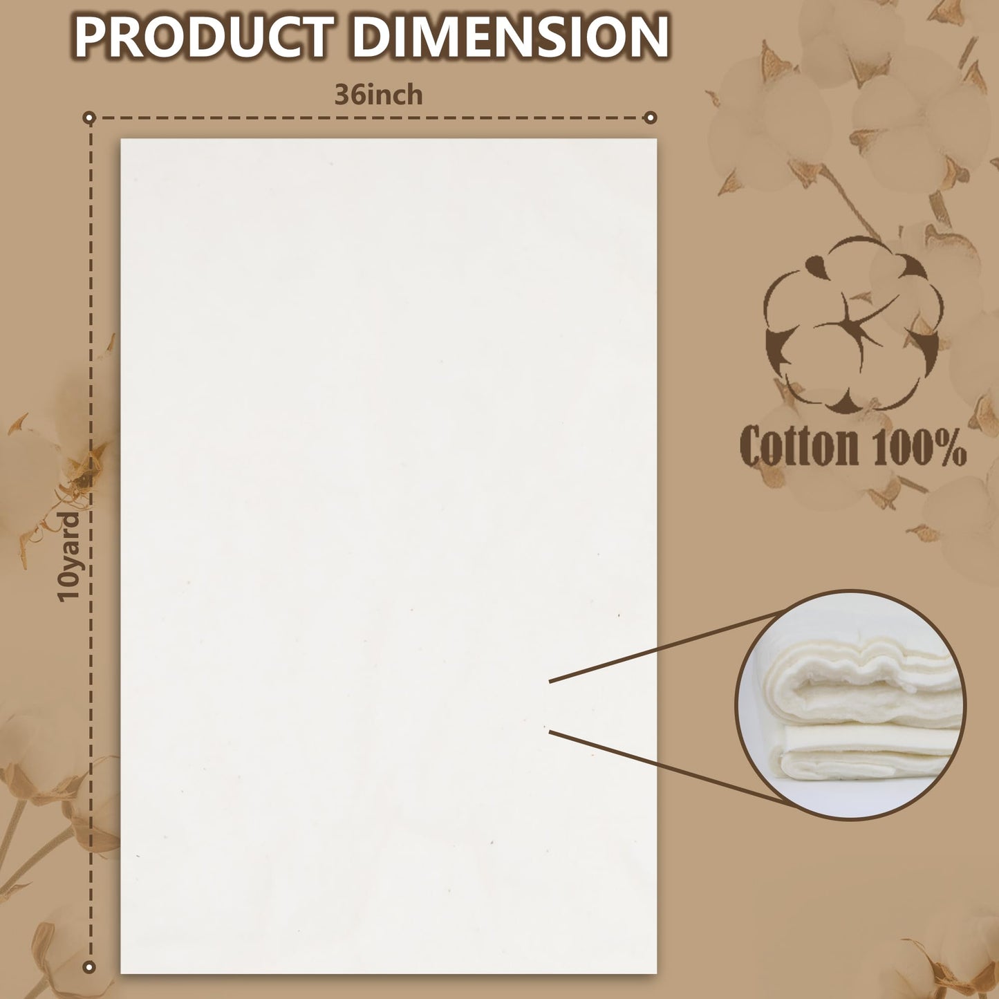RRKTP Natural Cotton Batting for Quilting,36" x 10 Yards Batting for Quilts, Microwave Safe for Bowl Cozies,Cotton Lightweight Lining for Potholders Quilting, Batting for Sewing Handmade Quilts&DIY