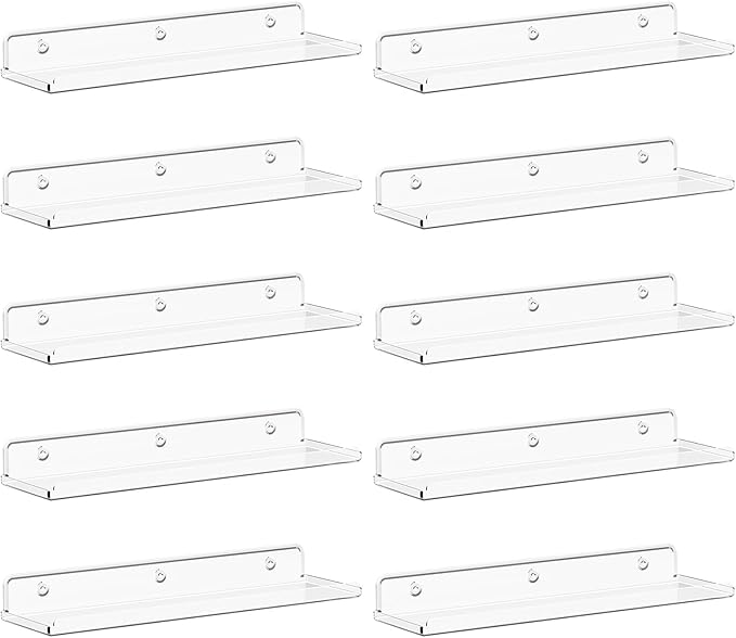 Lifewit Floating Shelves for Bathroom, Acrylic Wall Organizer for Perfume, Makeup, Figures, Nail Polish, Photo, Book, 14" Decor Display Rack for Nursery, Living Room, Bedroom, Kitchen, Clear, 10 Pack