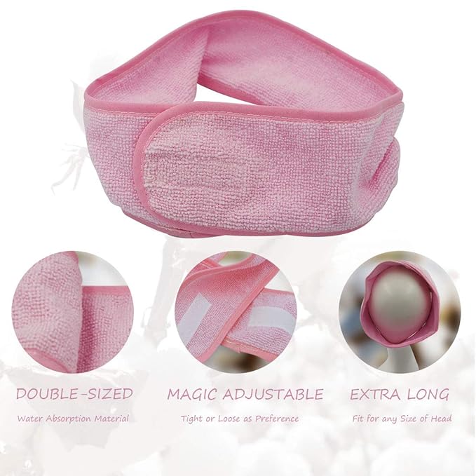 (3 Pack Adjustable Facial Makeup Headband with Magic Tape Super Absorption Microfiber Terry Cloth Sweat-Absorbent Spa Headband Facial Washing Wrap Yoga Sports Hairband (Microfiber Pink)