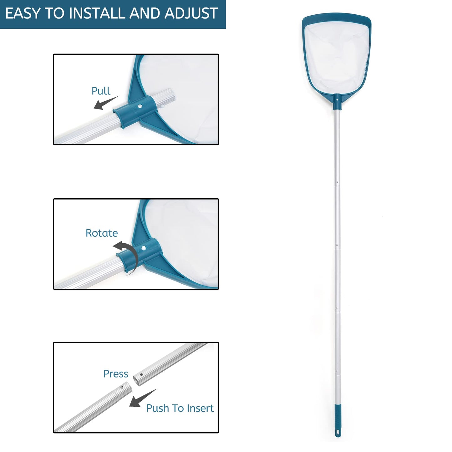 POOLWHALE Upgrades Swimming Pool Leaf Net Skimmer Rake with Adjustable Aluminum Pole and Nylon Medium Fine Mesh for Cleaning Swimming Pools, Hot Tubs, Spas and Fountains