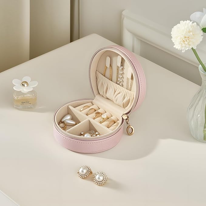 ProCase Travel Size Jewelry Box, Mini Portable Seashell-Shaped Jewelry Case, 2 Layer Organizer in PU Leather for Women -Rose