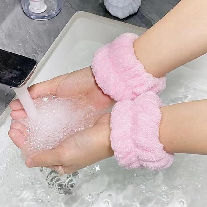 Cute Spa Headband and Wristband Set for Women Kawaii Ear Pink Makeup Headband for Washing Face (3PCS, Pink)