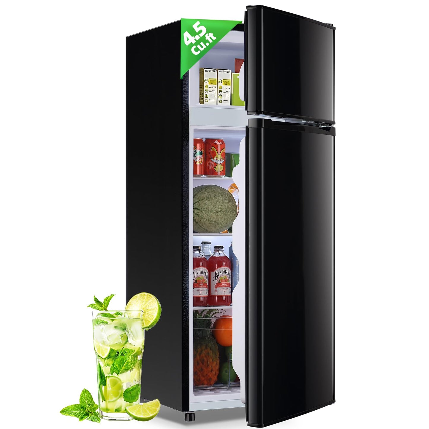 DEMULELR 4.5Cu.ft Small Mini Refrigerator with Freezer Black Two Door Mini Fridge with Crisper Drawer & Extra Drink Space, LED Light, Apartment Size Fridge for Dorm Office 17.5" W x 18.5" D x 43" H