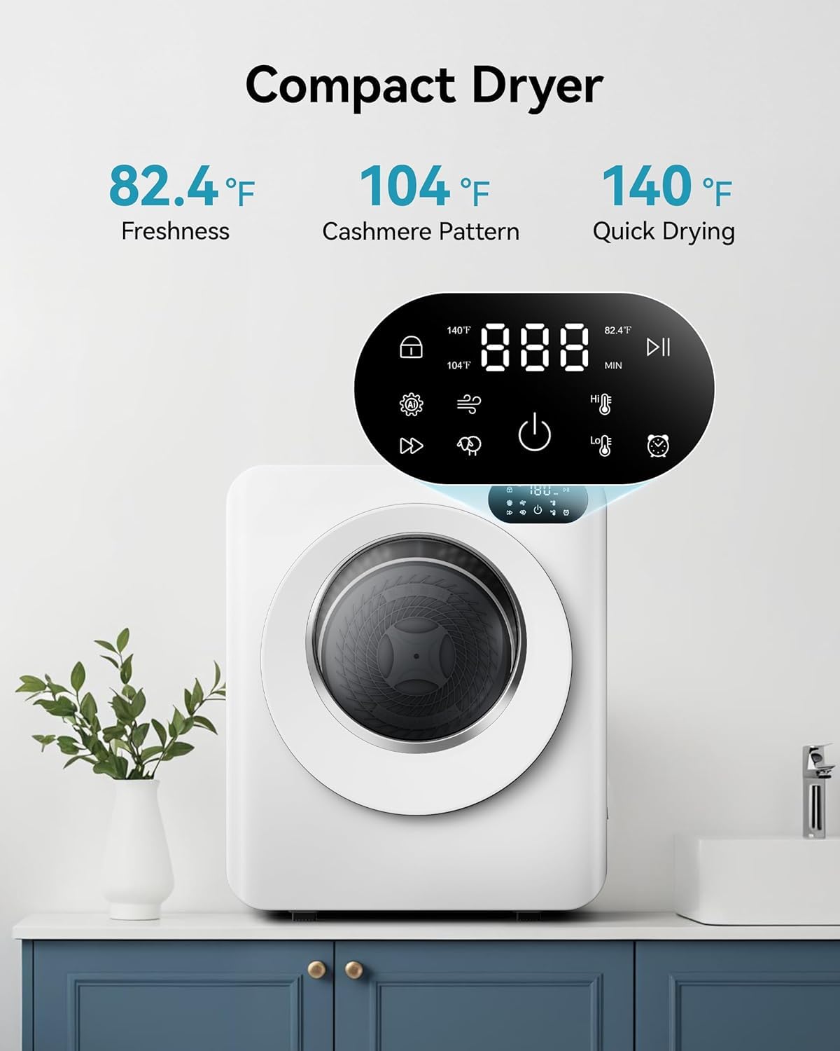Euhomy Portable Dryer，1.5 Cu.Ft Clothes Dryer with Stainless Steel Drum, 850W Drying Machine with Exhaust Pipe, LED Control Panel For Apartments, Home, Dorm, White