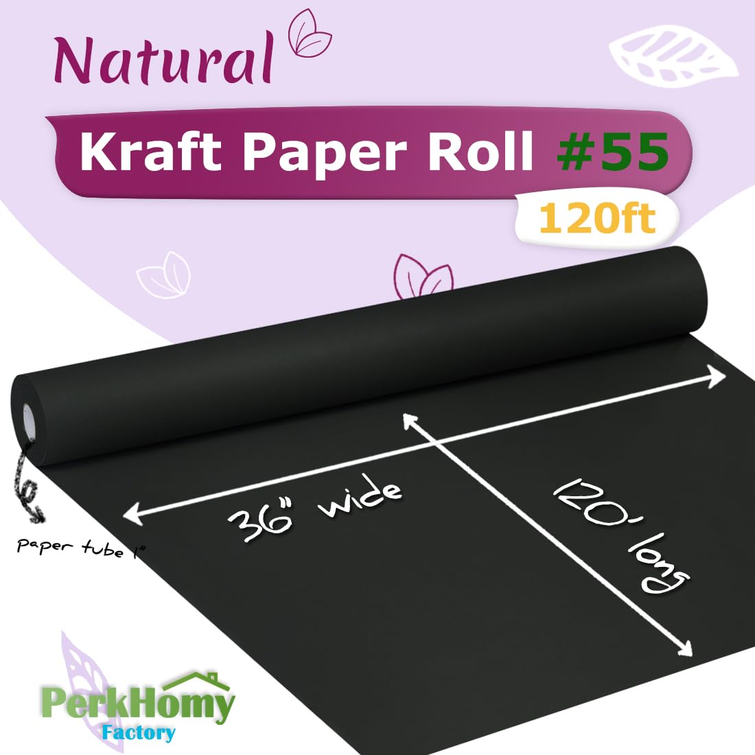 PerkHomy 36" x 1,440" (120') Black Kraft Paper Roll for Craft Bulletin Board Paper Art Table Covering Crafting Gift Wrapping Bouquet Packing Parcel 80GSM 55LB (Black, 36" x 120')