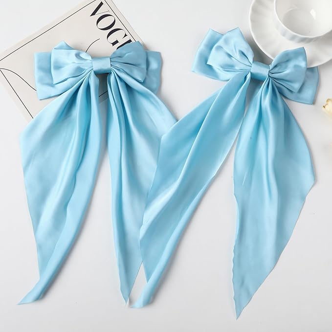 2PCS Big Hair Bow Clips for Women Girls Ã¢ÂÂ Light Blue Satin Ribbon Bow Barrettes with Long Tails, Large Pastel Hair Accessories for Ponytail, Spring & Casual Styling