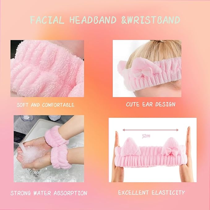 Cute Spa Headband and Wristband Set for Women Kawaii Ear Pink Makeup Headband for Washing Face (3PCS, Pink)