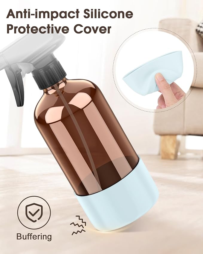 Bontip Glass Spray Bottle with Silicone Sleeve Protection, Amber Glass Spray Bottle Set for Window Cleaner Aromatherapy Facial Hydration Watering Flowers Hair Care 2 Pack/16 oz (Black & Blue, 16 oz)