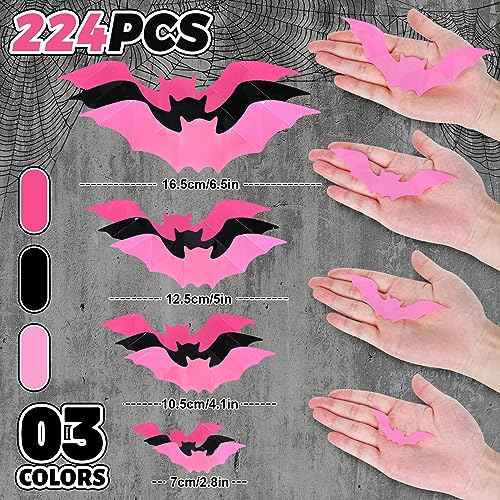 Whaline 224Pcs Halloween Wall Decoration 3D Bats with Foam Adhesive Black Pink Rose Red Waterproof Spooky Bats Stickers Hocus Pocus Party Supplies for Halloween Home Wall Window Door Decor, 4 Sizes