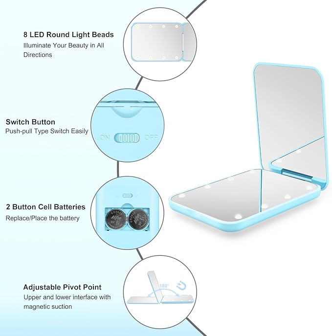 Compact Mirror, 1X/3X Magnification LED Pocket Mirror with Nternal BIattery, Mini Mirror for Purse, Pocket,Travel and Present (Blue)