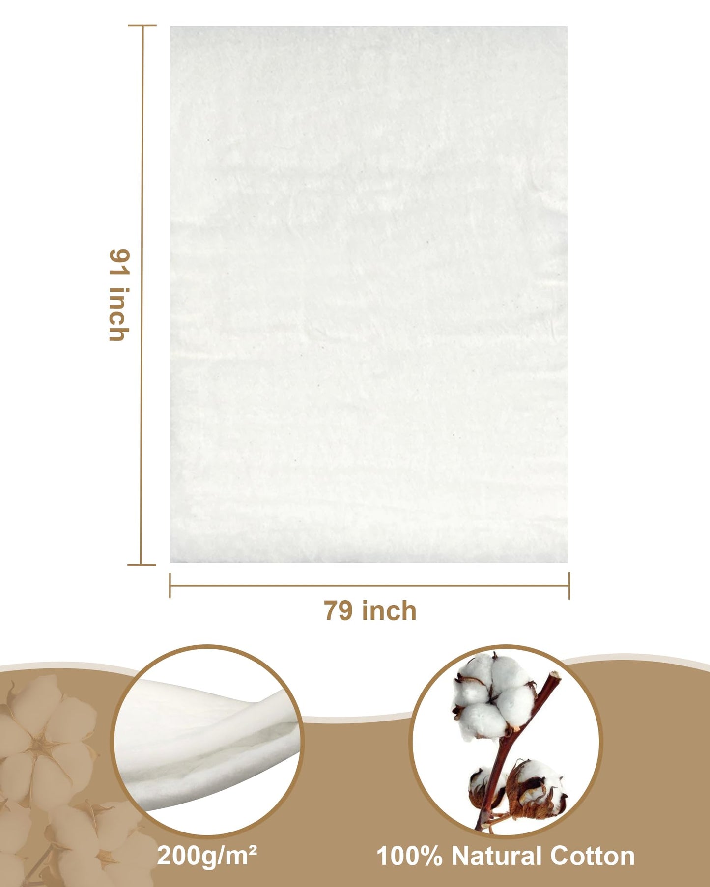 PLANTIONAL Natural Cotton Batting for Quilts: 79-Inch x 91-Inch Light Weight Purely Natural All Season Quilt Batting for Quilts, Craft and Wearable Arts