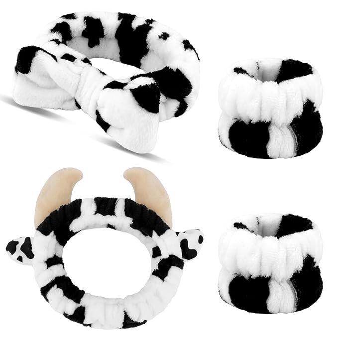 Canitor Cow Print Spa Headband and Wrist Bands Kit - Soft Makeup Headband Cute Cow Ears Skincare Set Gifts for Women Girls