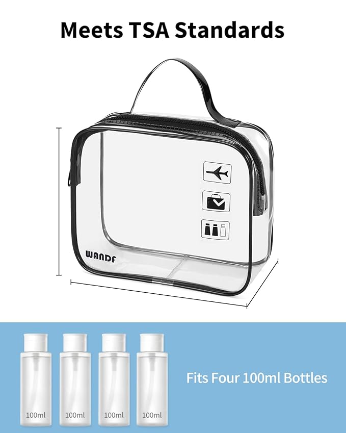 WANDF TSA Approved Toiletry Bag, 2 Packs Travel Clear Toiletry Bag, Quart Size Makeup Cosmetic Pouch with Zipper, Carry-On Airport Compliant Bag for Women and Men (2 pcs, Black with Handle)