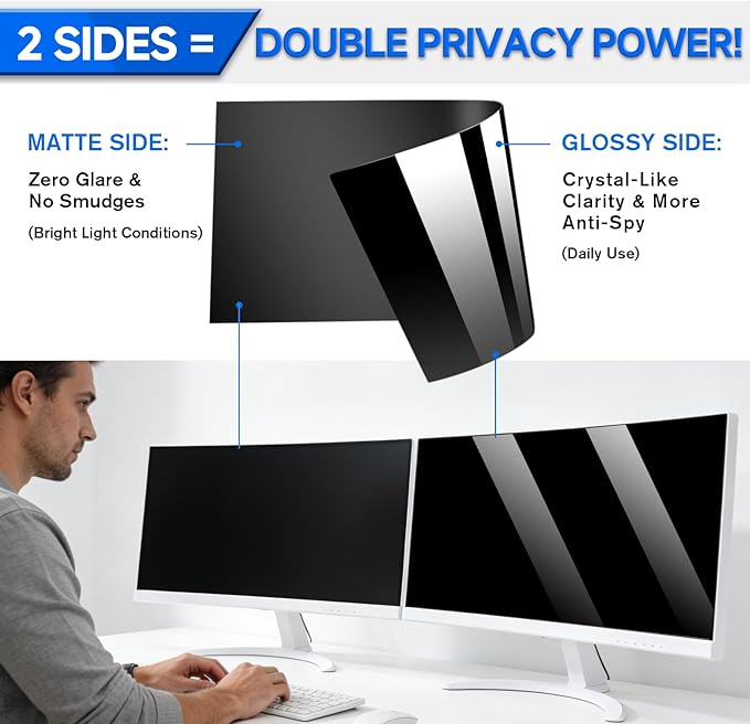 [2-Pack] Privacy Screen For Computer Monitor, 34-Inch 21:9 Aspect Ratio; Anti Spy/Bule Light/Glare And Eye Protection, 2 Install Ways Removable For Office, Airport, Cafe And Other Public Area; Diagonal 34 Inches, Width 31.25 Inches, Height 13.39 Inches