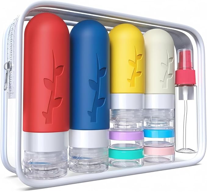 Travel Bottles Kit (16 Pack) - TSA Approved, Leak Proof Silicone Squeezable Containers for Toiletries. Complete Set with Jars, Sprayers & Bag (Fluorescent)