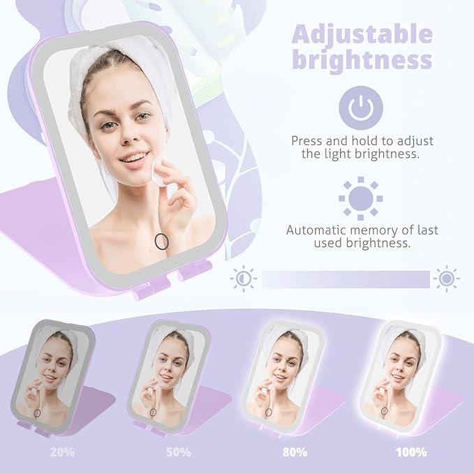 Travel Makeup Mirror, Portable Mirror with 3 Adjustable Light Settings, USB-Rechargeable Vanity Mirror with Lights, Gift for Women and Girls (Purple)