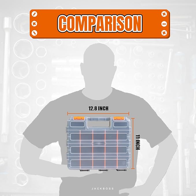 Tool Box with Transparent Lid, Double Side 34-Compartments Organizer Box with Removable Dividers for Hardware, Screws, Bolts, Nails, Beads, Jewelry and Fishing Accessories, Orange, 2 Pack