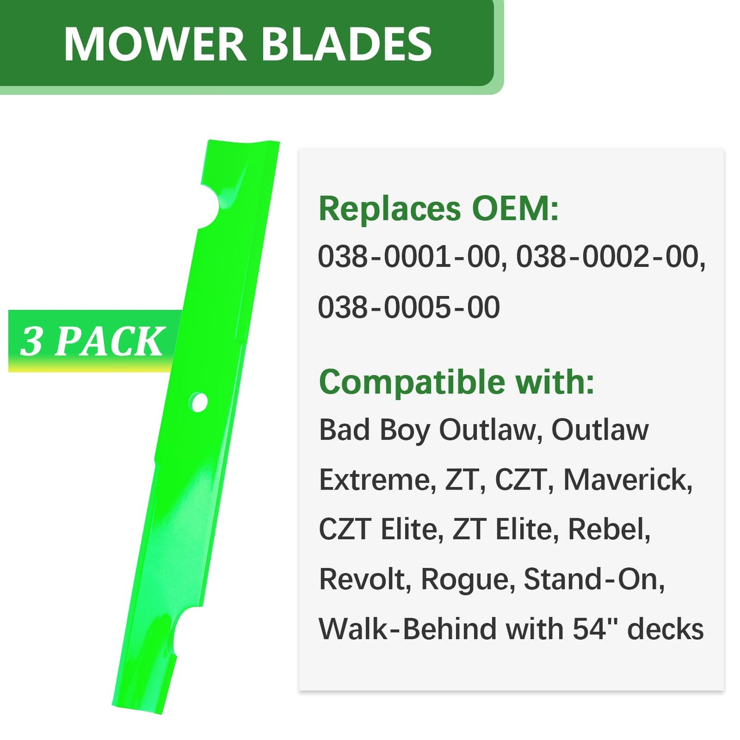 JYLEYJ 038-0001-00 High Lift Blades Fit for 54 inch Bad Boy Mower Deck Maverick ZT CZT Elite Outlaw Revolt Replaces 038-0001-00, 038-0000-00(3 Pack)