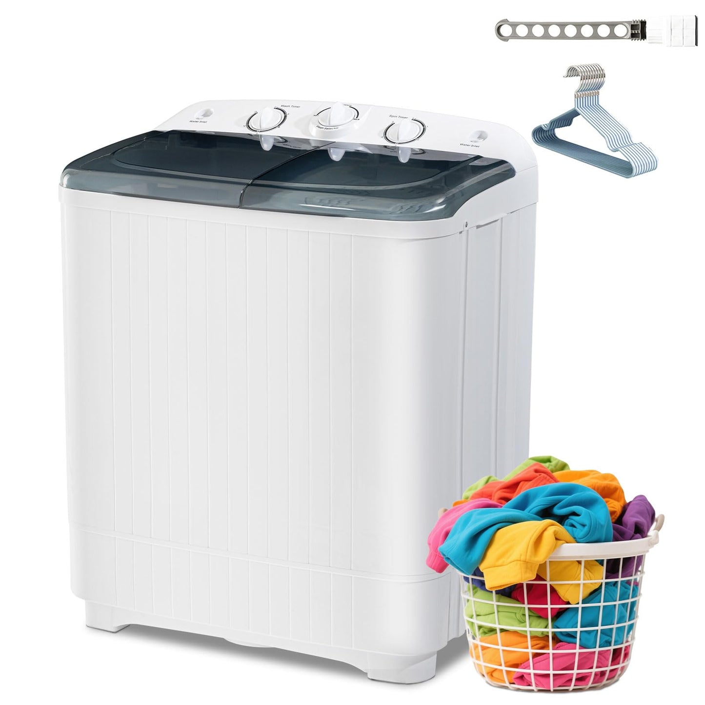 Portable Mini Twin Tub 22Lbs Washing Machine with Drying Rack & 10 Hangers, Washer(13Lbs) and Spinner(9Lbs) Combo with Timer Knob, Compact Semi-automatic Laundry Washer for Home Dorm Apartment, Black