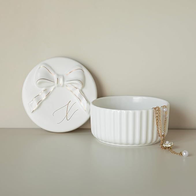 COLLECTIVE HOME - Monogram Jewelry Box with Bow, Christmas Gift Ideas for Women, Small Gift for Girlfriend Wife, Ring Holder, Earrings Dish, Birthday Gift for Her (X)