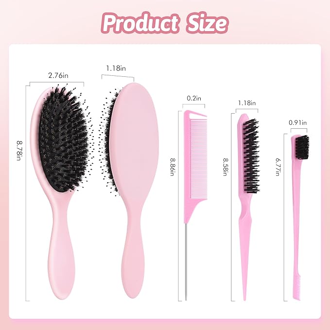 Boar Bristle Hair Brush for Women Men - Gentle Detangling Paddle Brush Pink with Nylon & Boar Bristles, Smoothing, Massage & Shine, Reduces Frizz, for Curly, Thick, Thin, Wet or Dry Hair & Extensions
