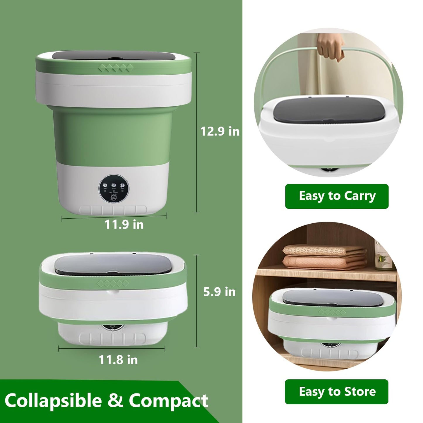 15L Mini Portable Washing Machine, Collapsible Washer with 3 Cleaning Modes for Underwear, Baby Clothes, Small Foldable Laundry for Travel Apartment Home Dorm Hotel Camping (White Green)