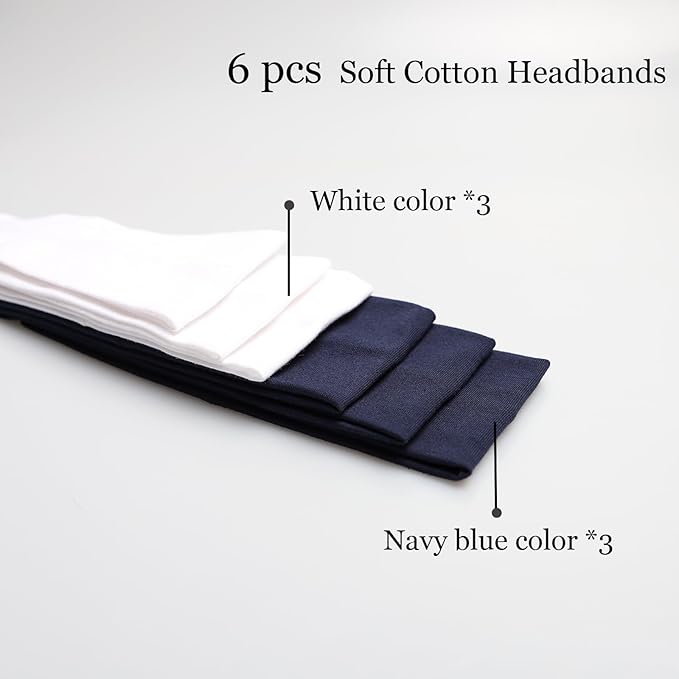 6 Pcs Headbands for Women Hair Cotton Headband Non-slip Stretchy Elastic Head Wrap Holder Hair Accessories White Navy Blue Color