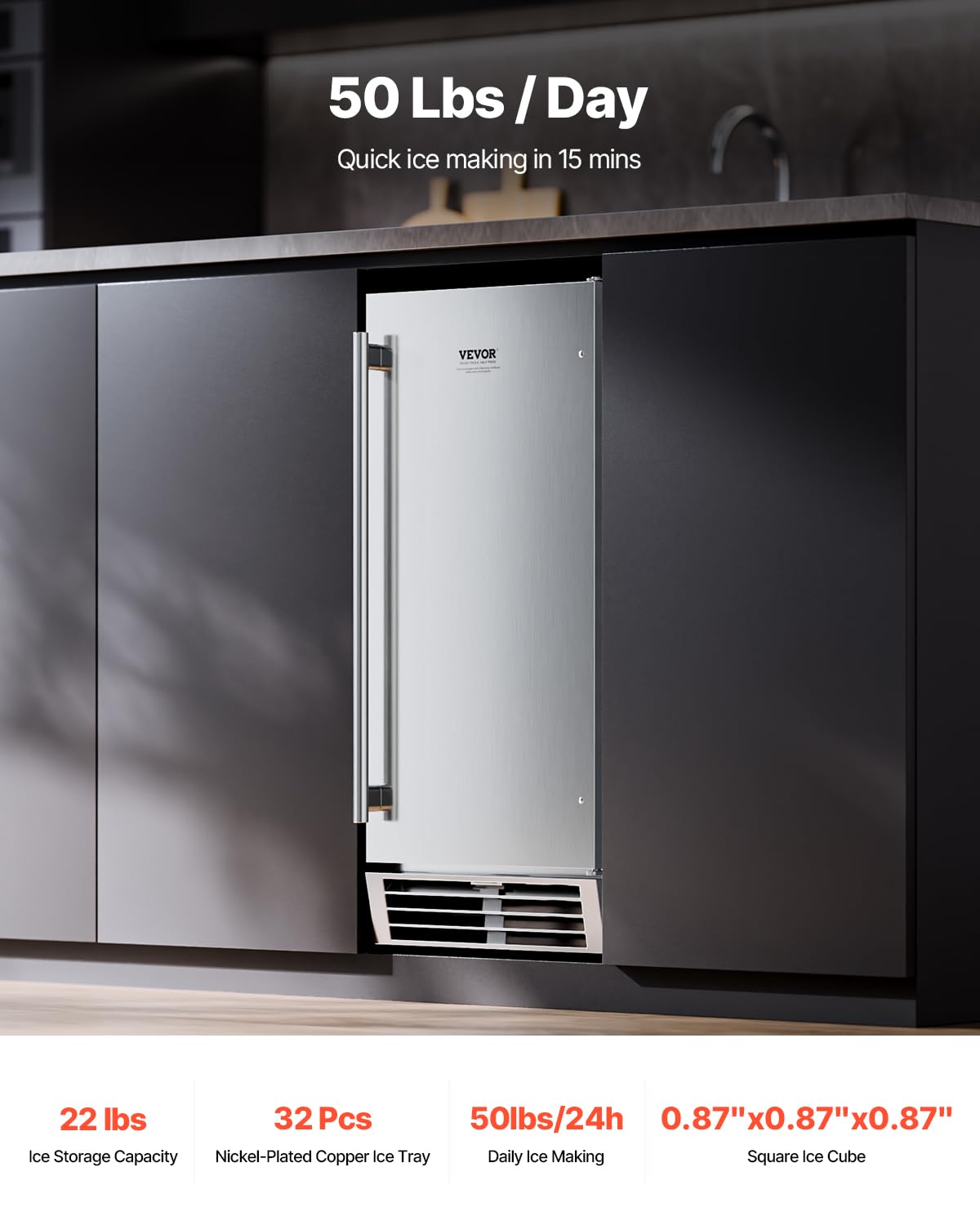 VEVOR Under Counter Ice Maker Machine, 50 Lbs/Day Built in Undercounter Ice Maker with Reversible Door, Stainless Steel, Freestanding Ice Make for Restaurant, Outdoor Kitchen, Terrace, Pool