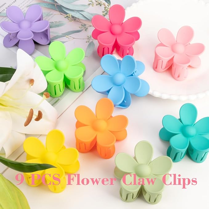 Flower Hair Clips for Women - 9 PCS Matte Claw Clips With Strong Hold for Thick and Thin Hair - Non Slip, 9 Styles