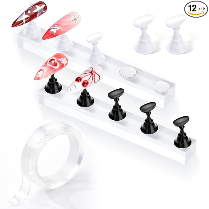 Makartt Press on Nails Stand: Black and White Nail Holder for Painting Nails, Stands for Art Display Practice, Magnetic Fake Holders with 1M Double-Sided Tape DIY Home Salon Use