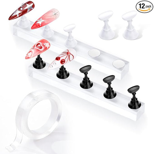 Makartt Press on Nails Stand: Black and White Nail Holder for Painting Nails, Stands for Art Display Practice, Magnetic Fake Holders with 1M Double-Sided Tape DIY Home Salon Use