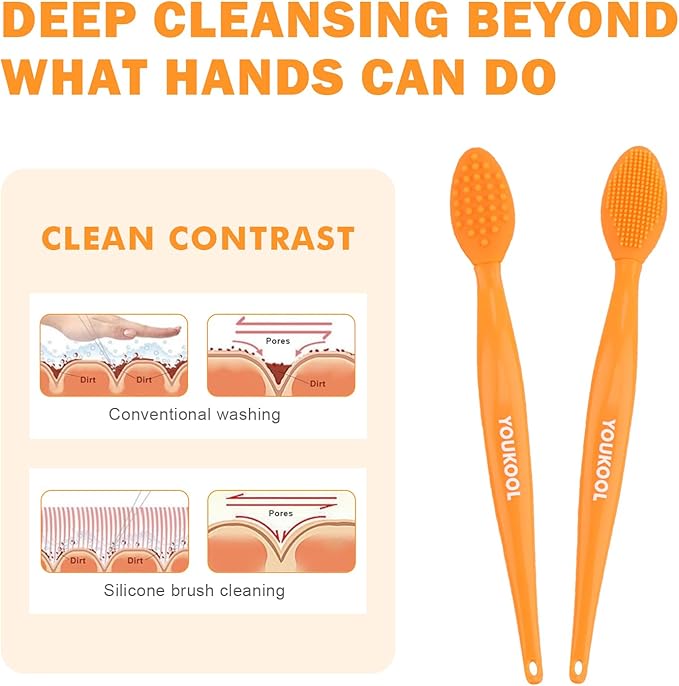 Pore Cleansing Silicone Facial Brush | Face Scrubber & Massager for Blackhead & Whitehead Removal, Sebum Reduction, Gentle Exfoliation & Clearer Skin | Suitable for All Skin Types,Orange,2pc