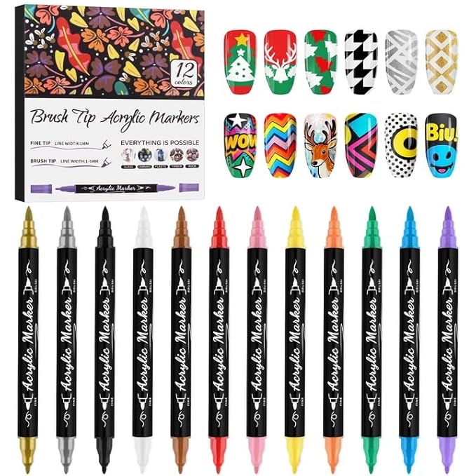 12 Colors Nail Art Pens Set, Kalolary 3D Nail Polish Pens Quick-Drying Acrylic Paint Markers Double-headed Drawing Painting Liner Brush for DIY Nail Art Home & Salon Manicure Tools