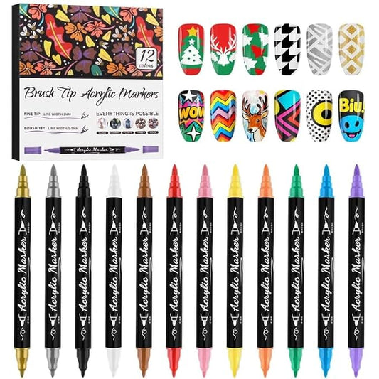 12 Colors Nail Art Pens Set, Kalolary 3D Nail Polish Pens Quick-Drying Acrylic Paint Markers Double-headed Drawing Painting Liner Brush for DIY Nail Art Home & Salon Manicure Tools
