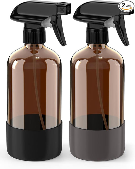 Bontip Glass Spray Bottle with Silicone Sleeve Protection, Amber Glass Spray Bottle Set for Window Cleaner Aromatherapy Facial Hydration Watering Flowers Hair Care 2 Pack/16 oz (Black & Grey, 16 oz)
