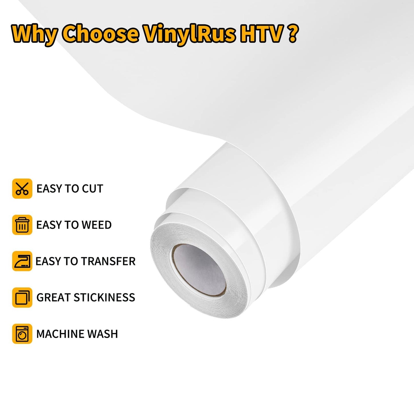 VinylRus Heat Transfer Vinyl-12” x 20ft White Iron on Vinyl Roll for Shirts, HTV Vinyl for Silhouette Cameo, Easy to Cut & Weed