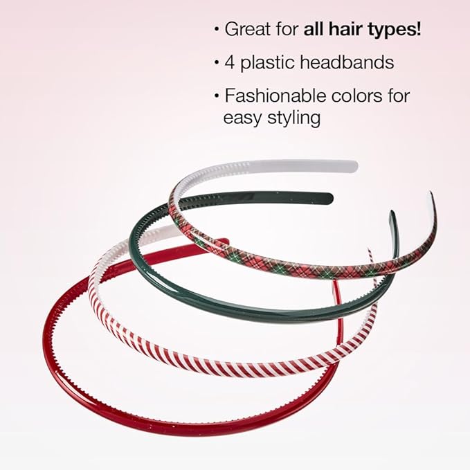 CONAIR Scunci Effortless Beauty Skinny headband -plastic Headbands for Women and Men - hair accessories for women - gifts for her - Assorted Colors - 4 Count