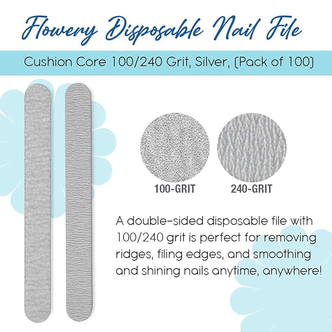 Flowery for The Pro Cushion Core Disposable Nail Files, 100/240 Grit, Double-Sided, Coarse/Medium Professional Shaper Smoother File, for All Types of Nails, 100 Count