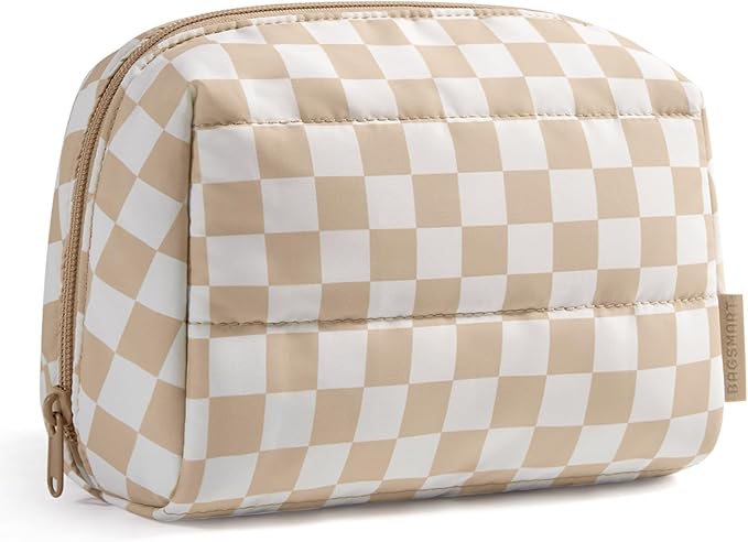 BAGSMART Makeup Bag, Wide Opening Cosmetic Bag Compact & Spacious, Water-Resistant Travel Organizer Pouches for Women (Khaki Checkered)