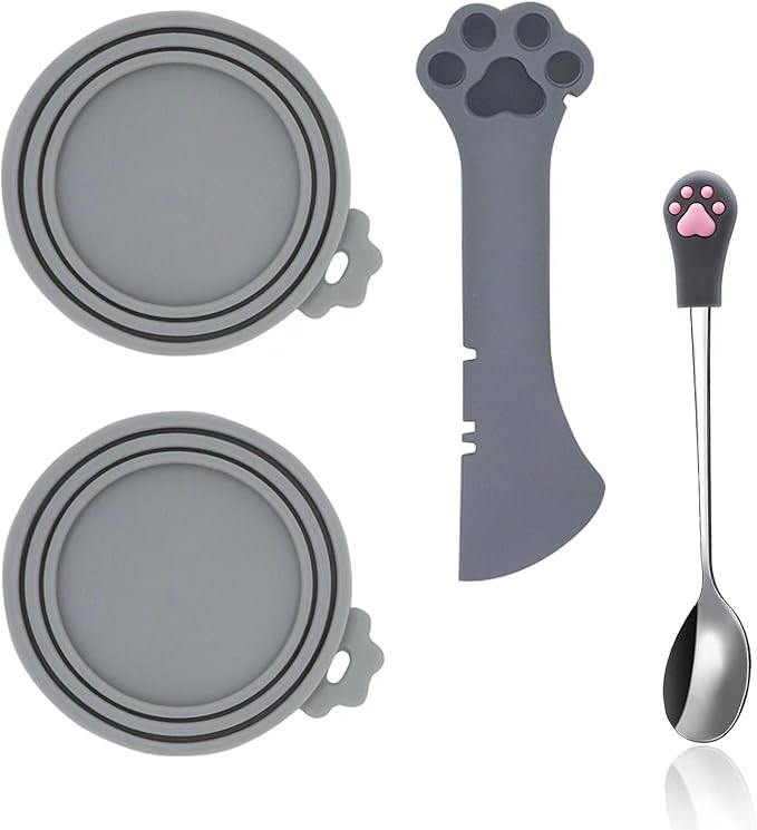 SJANE Cat Food Can Spoons & Can Lids | 4 Pcs | Multi-function Opener | Silicone Pet Food Covers | Stainless Steel Wet Food Spoon for Cats and Dogs(Grey)