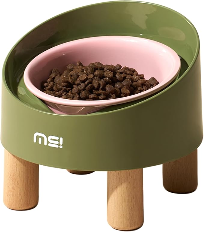 MS!MAKE SURE Cat Bowls, Adjustable Elevated Ceramic Cat Bowls with Anti-Slip Rubber Pad, Splash Guard, Lead & Cadmium Free, Whisker Friendly, for Puppies & Cats - 5.1" Wide, 295ML (10 oz), Pink-Green