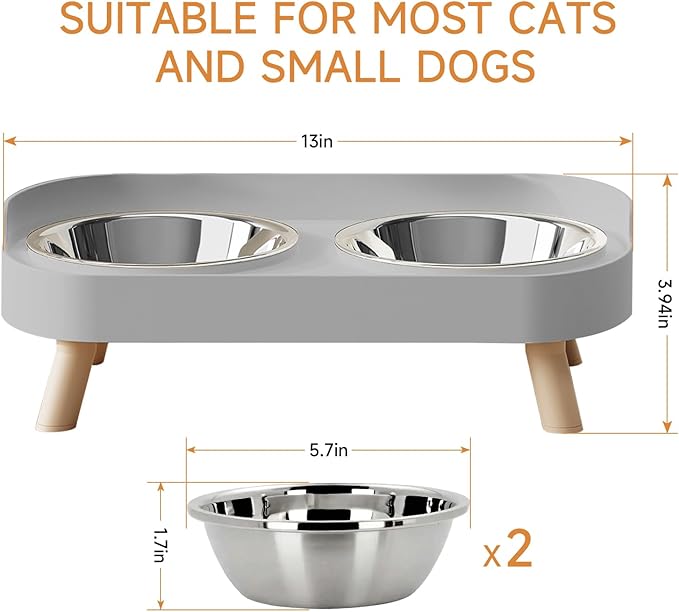 Elevated Cat Bowl, Raised Cat Food and Water Bowl Set for Indoor Cats, Splash Proof with 5 Stainless Steel Pet Food Bowls for Cats and Puppies, Whisker Fatigue and Dishwasher Safe - Grey