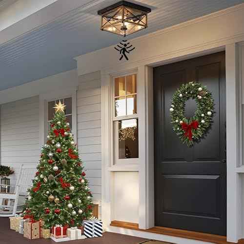 Outdoor Ceiling Light with Motion Sensor, Flush Mount Porch Ceiling Lights Outdoor, 2-Light Farmhouse Metal Close to Ceiling Light Fixture for Patio, Hallway, Garage, Rustic Brown FT09XD05