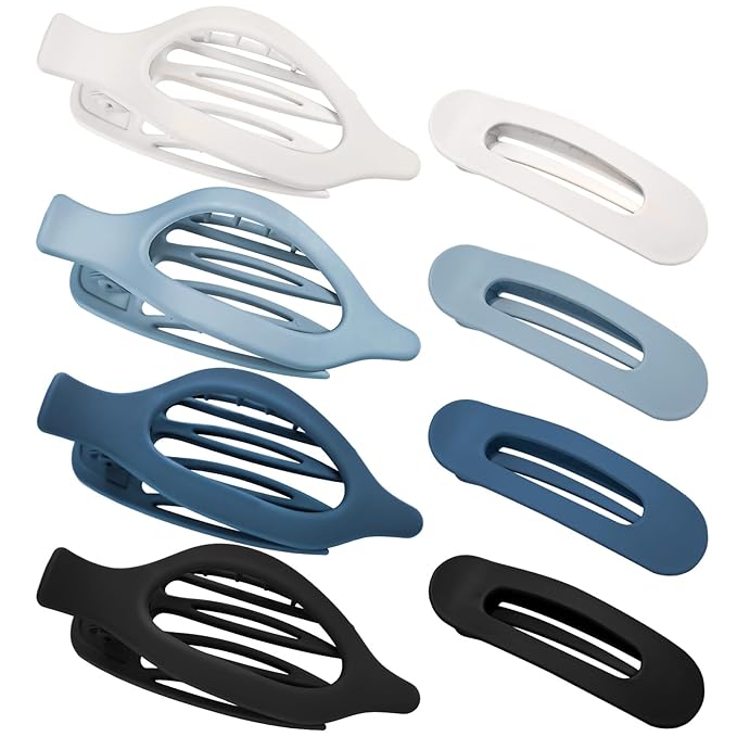 Obeoby 8 Pcs Flat Hair Clips for Women, 2 Styles French Flat Claw Clips for Thick or Thin Hair Large Medium Barrettes Hair Accessories Girls (Blue, Black, White)