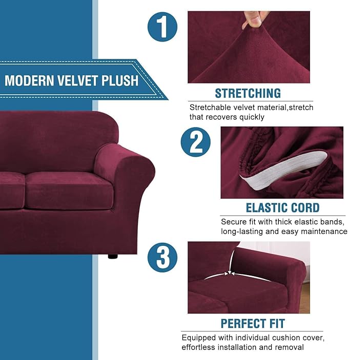 H.VERSAILTEX High Stretch Sofa Slipcover 4 Piece Cover Velvet Furniture Protector Form Fit Thick Velvet Extra Large Sofa Cover for 3 Cushion Couch Width Up to 97 Inch (Large Sofa, Wine/Burgundy)