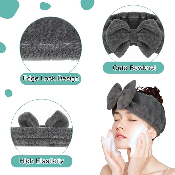 Shintop Makeup Headband Soft Carol Fleece Spa Headband with Cute Bow Elastic Headwear for Washing Face Skincare Facial Mask ShowersÃ¯Â¼ÂGreyÃ¯Â¼Â